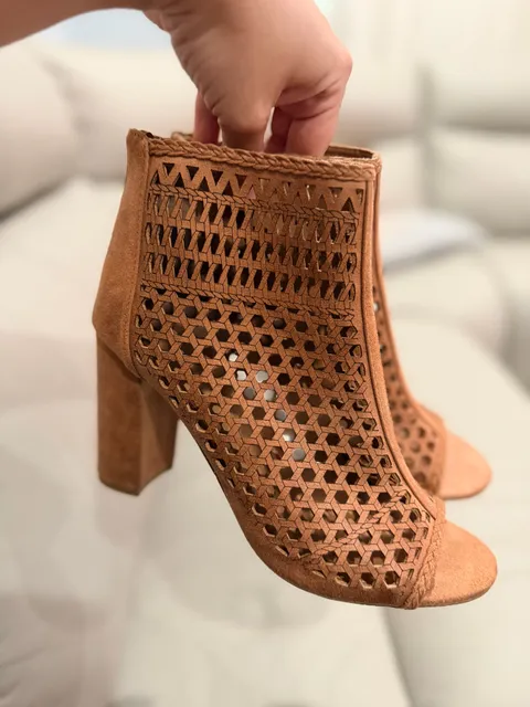 Report Wiola Tan Suede Laser Cut Peep Toe Booties Size 7