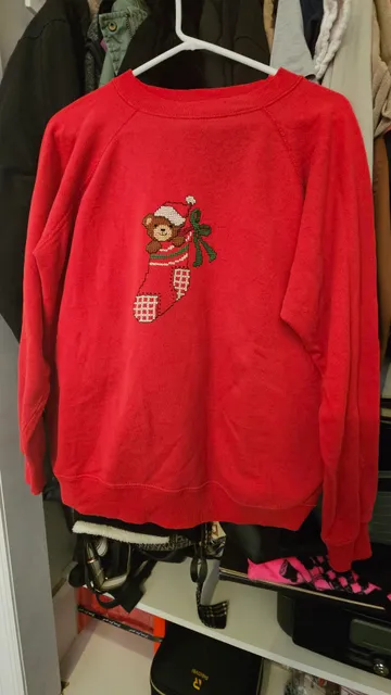 Hanes Her Way Christmas Stocking Bear Sweatshirt Size Large Red Vintage