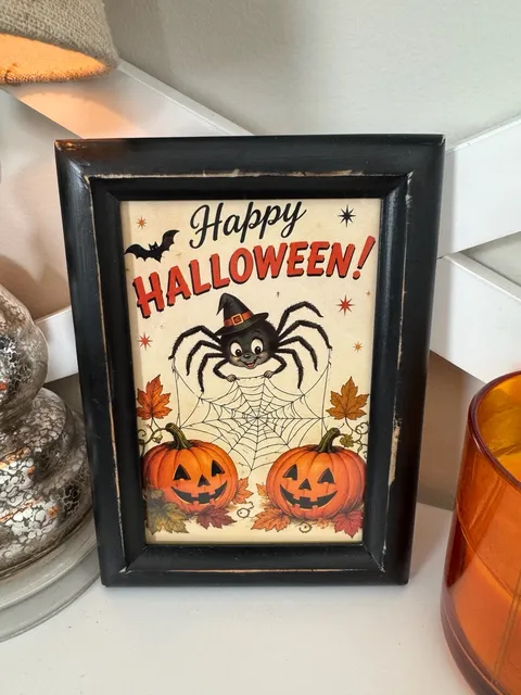 Vintage Style Happy Halloween Spider Pumpkins Framed Art