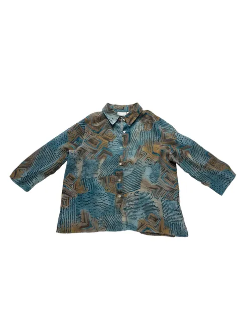 Alfred Dunner Blouse Geometric Print Blue Brown 14 Petite