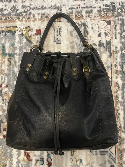 Lucky Brand Black Leather Drawstring Hobo Shoulder Bag