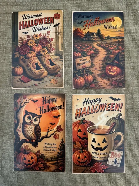 Set of 4 Vintage Style Halloween Postcards/Art