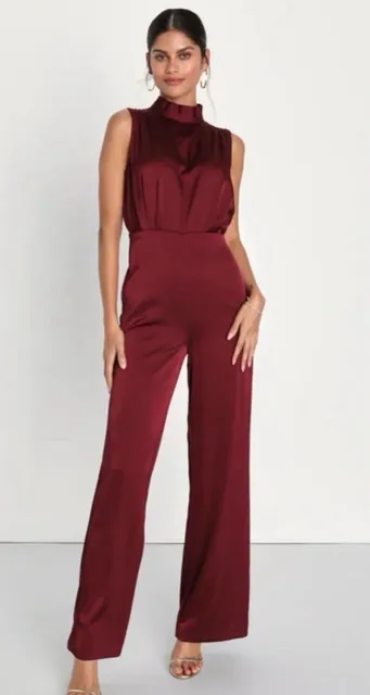 Lulus Classic Elegance Wine Red Satin Mock Neck Jumpsuit