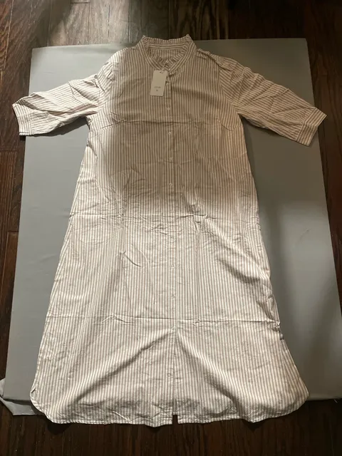 Stripe Frilled Collar Half Sleeve Shirt Dress Size XL Khaki