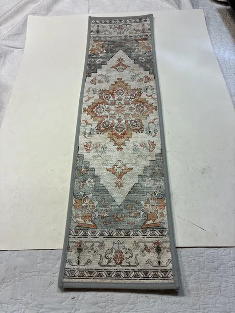 Boho Persian Area Rug Runner Grey Orange Ornate Non-Slip Backing