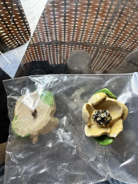 Vintage Yellow Flower Shank Buttons Pair Green Leaves Painted Plaster Sewing