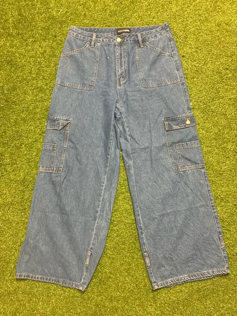 Fashion Nova Cargo Jeans Size 15 Blue Denim Wide Leg