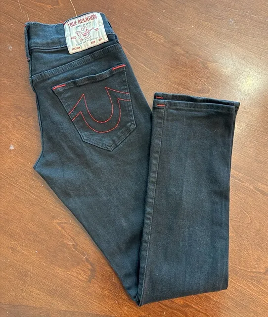 True Religion Ricky Relaxed Straight Jeans Size 28 Black Red Stitch
