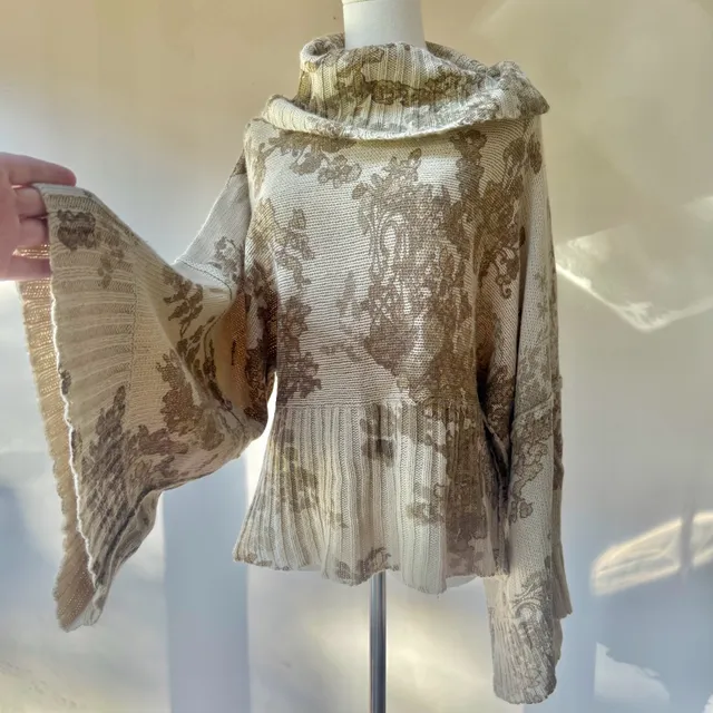 Cowl Neck Bell Sleeve Sweater Beige Gold