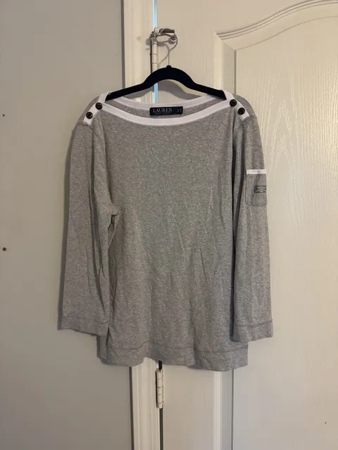 Lauren Ralph Lauren Long Sleeve Top Size L Gray Cotton Anchor Buttons