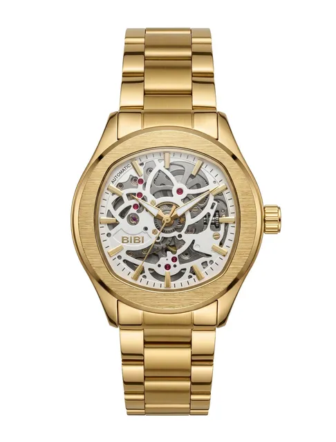 Bibi Automatic Gold Tone Skeleton Watch With Box