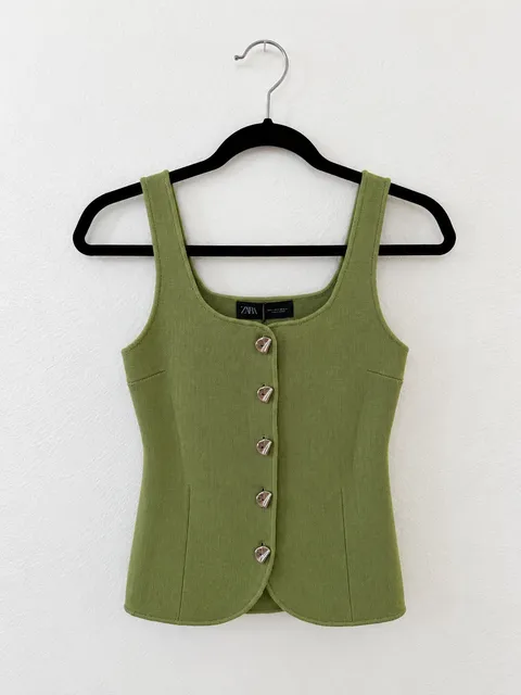 Zara Knit Tank Top Size M Green Button Front Square Neck