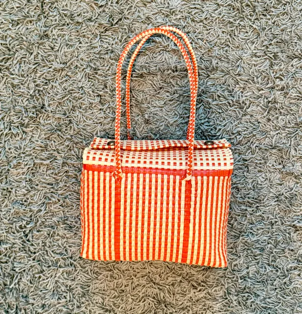Vintage Woven Plastic Basket Tote Bag Orange White
