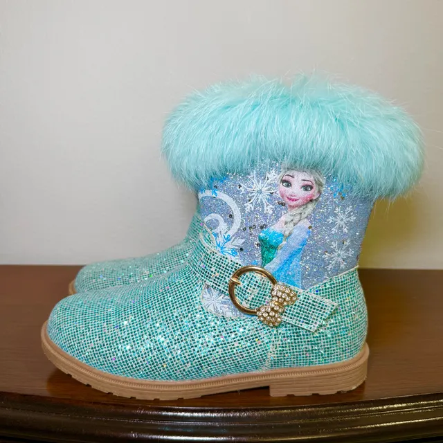 Boots Blue Glitter Fur Trim Size EU 36, US 4Y 