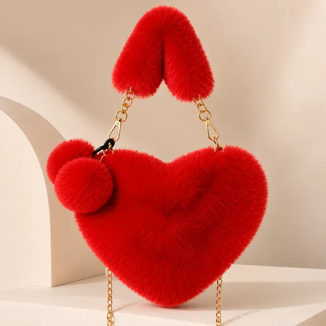 Generic Red Heart Shaped Fluffy Handbag Crossbody With Pom Pom