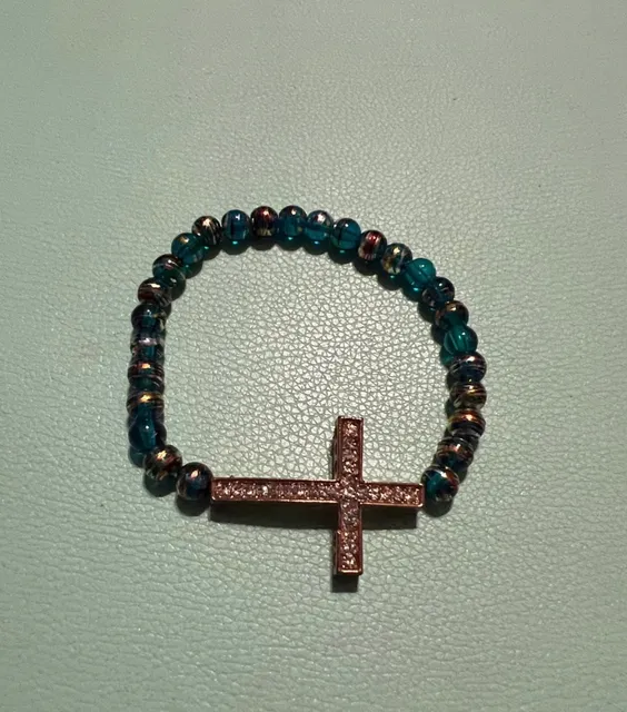 Beaded Cross Stretch Bracelet Blue and Rose Gold