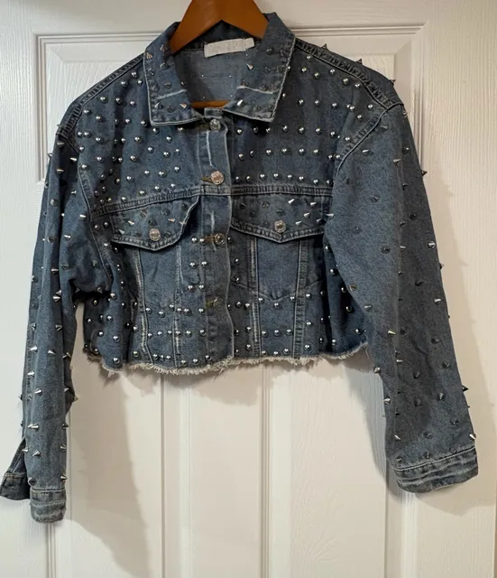 Unbranded Studded Cropped Denim Jacket Blue
