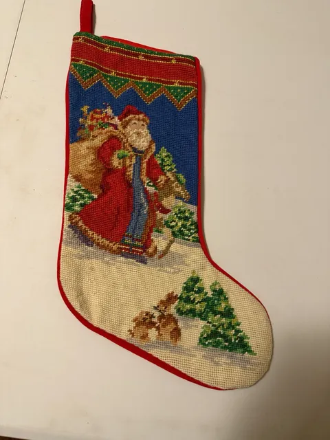 Needlepoint By Hand Christmas Stocking 11x18 Santa Claus Wool