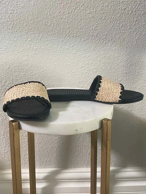 Mtzyoa Women Flat Slide Sandals Straw Raffia Black Slides