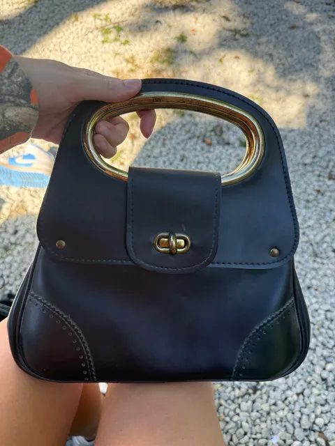 Jaclyn USA Vintage Black Handbag Top Handle Gold Metal Ring