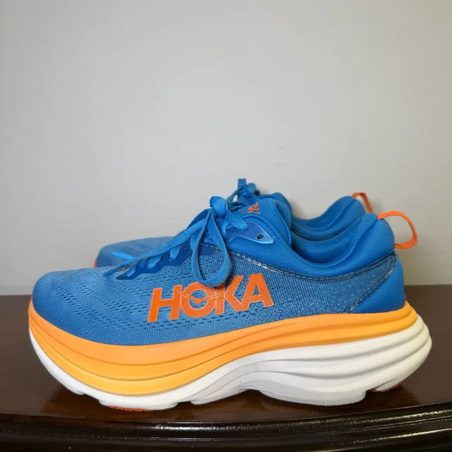 HOKA Bondi Men 8 Wide Size 9 2E Coastal Sky Vibrant Orange Running Shoes