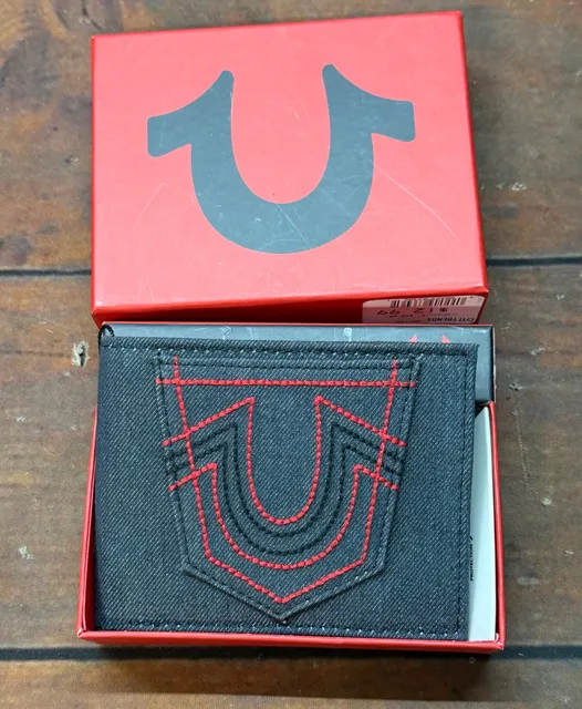 True Religion Reece Denim Bifold Wallet Black Red Stitching In Box