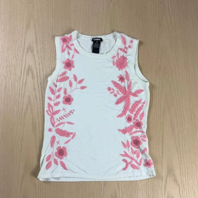 Cabo Embroidered Floral Beaded Tank Top Size M White Pink Knit