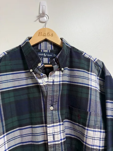 Ralph Lauren Plaid Button Down Shirt Size L Green Blue Long Sleeve