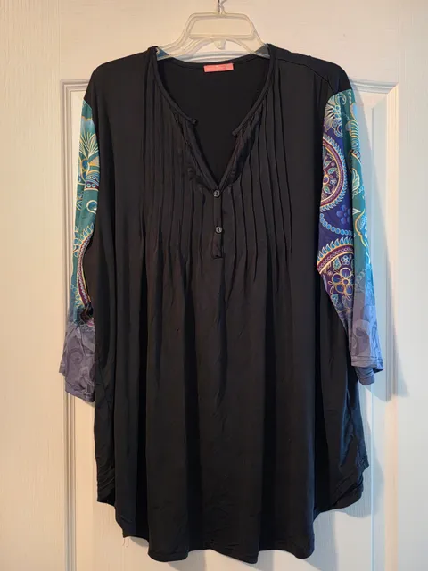 Simply Aster Tunic Top Size 4X Black Blue Paisley Print Sleeves