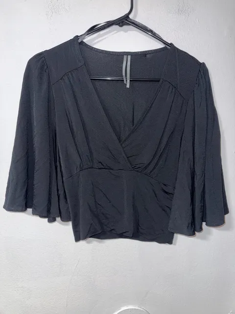 By Anthropologie Black Blouse XXS Wrap Bell Sleeve