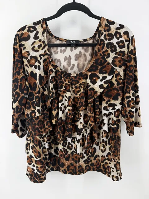 AGB Leopard Print Ruffle Top Large Animal Print Y2K Statement Blouse