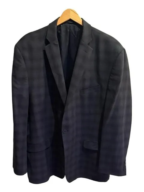 Calvin Klein Suit Jacket Size 48L Black Wool Plaid Sport Coat Blazer
