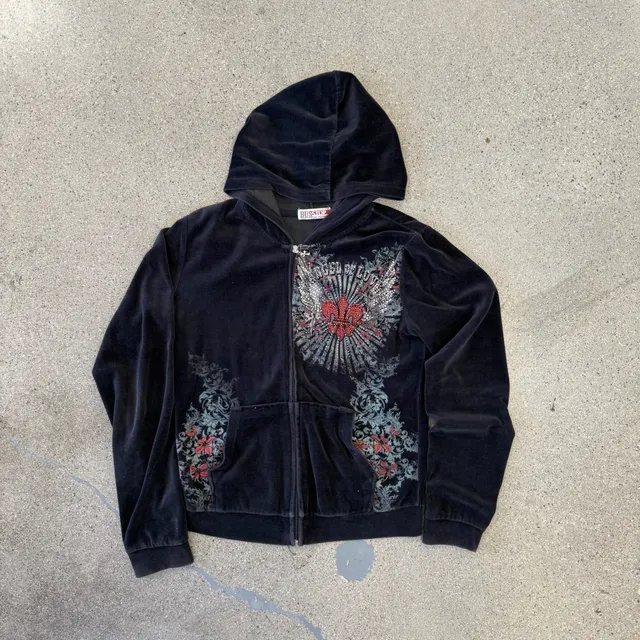 Bus Stop Rhinestone Velour Zip Up Hoodie Black Size Large