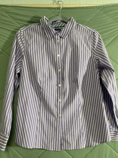 Talbots Button Down Shirt Size 12P Purple White Striped Wrinkle Resistant