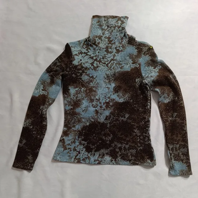 Cache Metallic Turtleneck Top Size L Blue Brown Lurex