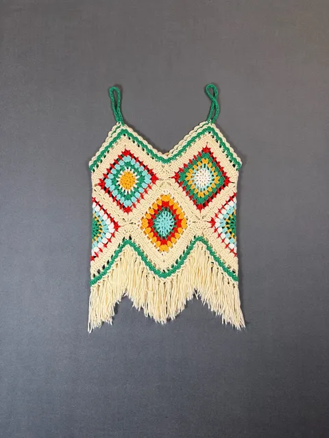 Elan Small Crochet Granny Square Fringe Tank Top Boho Festival Y2K