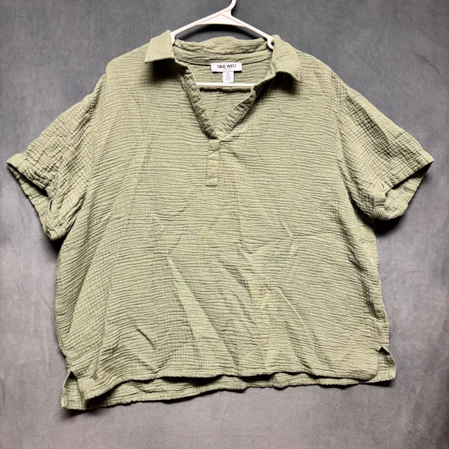 Nine West Textured Polo Shirt Size 1X Olive Green Gauze