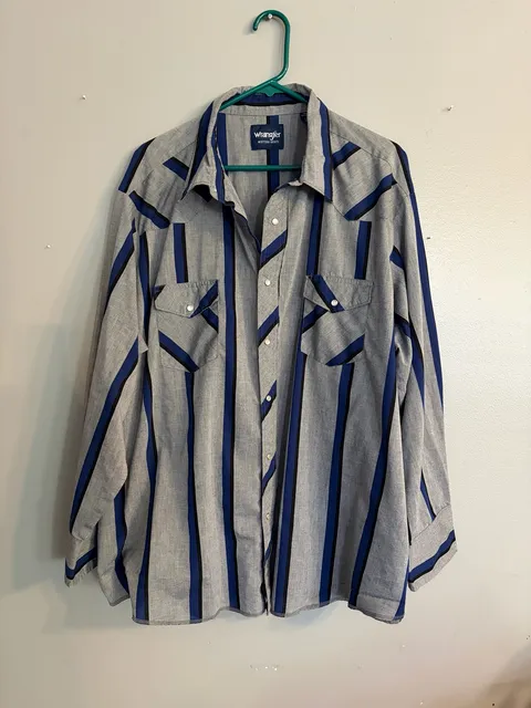 Wrangler Western Shirt Size 3X Gray Blue Stripe Pearl Snap Long