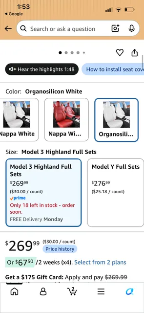 Wekar Tesla Model 3 Seat Covers Organosilicon White