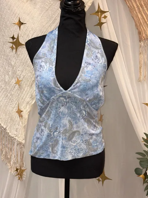 See You Monday Halter Tank Top Size L Blue Paisley Floral Cowl Neck