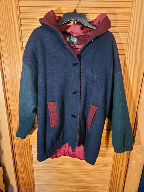 Vintage Braetan Colorblock Wool Hooded Coat Size Large 80s 90s Grunge Duffle Jacket