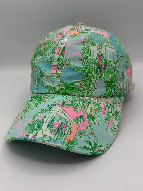 Lilly Pulitzer Baseball Cap Hat Pink Blue Green Tropical Print Distressed