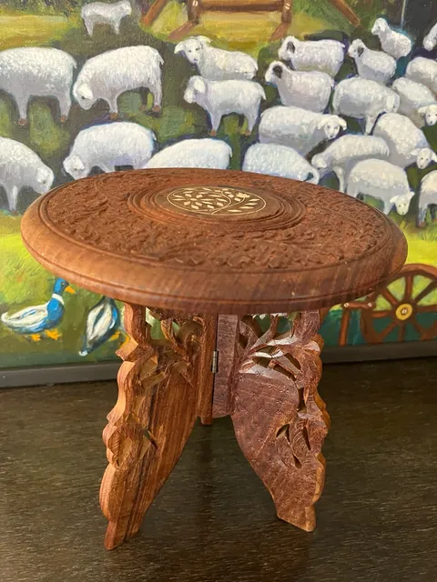 Handcrafted Carved Wooden Folding Stool Plant Stand Inlay