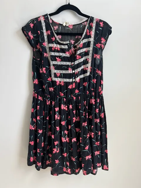 Free People Floral Dress Black Pink Lace Trim Size S