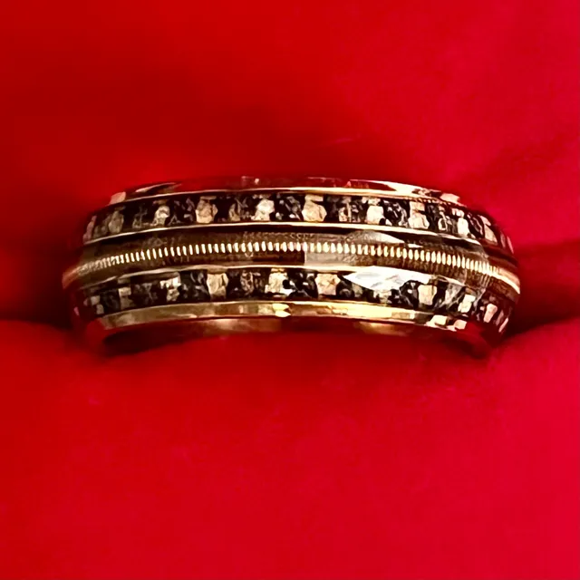 Titanium Gold Tone Meteorite Inlay Grooved 8mm Band Ring Size 11