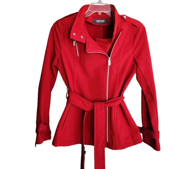 Kenneth Cole Reaction Red Asymmetrical Belted Trench Coat