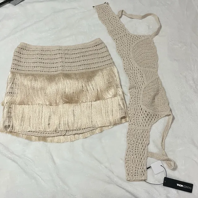 Fashion Nova Crochet Fringe Top & Skirt Set L Beige