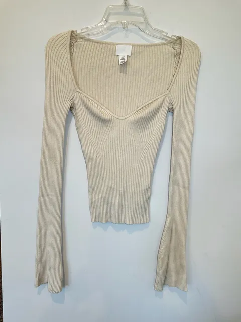 H&M Ribbed Long Sleeve Top Size XS Beige Sweetheart Neck Fitted