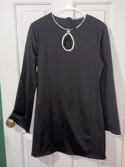 Black Long Sleeve Mini Dress Pearl Trim Keyhole Accent