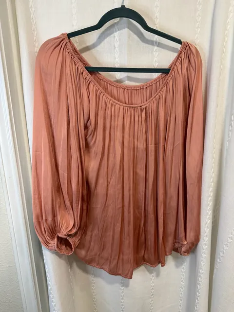 L Love Womens Large Dusty Peach Boho Peasant Blouse Puff Sleeve Flowy Top